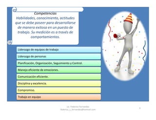 3
Competencias
Habilidades, conocimiento, actitudes
que se debe poseer para desarrollarse
de manera exitosa en un puesto de
trabajo. Su medición es a través de
comportamientos.
Liderazgo de equipos de trabajo
Liderazgo de personas
Planificación, Organización, Seguimiento y Control.
Manejo eficiente de emociones.
Comunicación eficiente.
Disciplina y excelencia.
Compromiso.
Trabajo en equipo
Lic. Federico Fernandez
federico_s_fernandez@hotmail.com
 