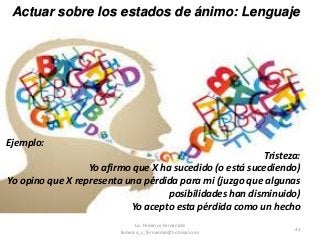 41
Actuar sobre los estados de ánimo: Lenguaje
Ejemplo:
Tristeza:
Yo afirmo que X ha sucedido (o está sucediendo)
Yo opino que X representa una pérdida para mi (juzgo que algunas
posibilidades han disminuido)
Yo acepto esta pérdida como un hecho
Lic. Federico Fernandez
federico_s_fernandez@hotmail.com
 