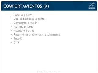 COMPORTAMIENTOS (X) Facultó a otros Dedicó tiempo a la gente Compartió la visión Admitió errores Aconsejó a otros Resolvió los problemas creativamente Enseñó  (...) Copyright 2009 | www.xn-consultores.com 
