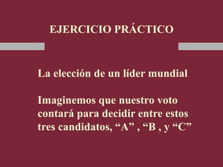 La elección de un líder mundial
Imaginemos que nuestro voto
contará para decidir entre estos
tres candidatos, “A” , “B , y “C”
EJERCICIO PRÁCTICO
 