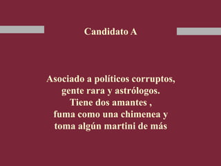 Candidato A
Asociado a políticos corruptos,
gente rara y astrólogos.
Tiene dos amantes ,
fuma como una chimenea y
toma algún martini de más
 