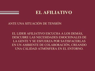 EL AFILIATIVO
ANTE UNA SITUACIÓN DE TENSIÓN
EL LIDER AFILIATIVO ESCUCHA A LOS DEMÁS,
DESCUBRE LAS NECESIDADES EMOCIONALES DE
LA GENTE Y SE ESFUERZA POR SATISFACERLAS
EN UN AMBIENTE DE COLABORACIÓN, CREANDO
UNA CÁLIDAD ATMÓSFERA EN EL ENTORNO.
 