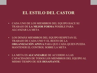 EL ESTILO DEL CASTOR
• CADA UNO DE LOS MIEMBROS DEL EQUIPO HACE SU
TRABAJO DE LA MEJOR FORMA POSIBLE PARA
ALCANZAR LA META
• LOS DEMÁS MIEMBROS DEL EQUIPO RESPETAN EL
TRABAJO DE CADA UNO Y EL RESTO DE LA
ORGANIZACIÓN APOYA PARA QUE CADA QUIEN PUEDA
MANTENER EL CONTROL SOBRE LA META
• LA META ES ALCANZABLE DE ACUERDO A LAS
CAPACIDADES DE TODOS LOS MIEMBROS DEL EQUIPO AL
MISMO TIEMPO DE SER DESAFIANTE.
 