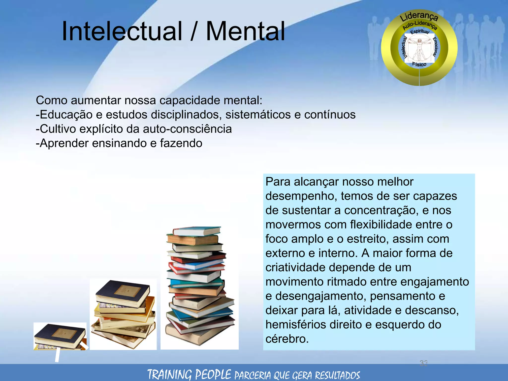 Intelectual / Mental Como aumentar nossa capacidade mental: -Educação e estudos disciplinados, sistemáticos e contínuos -Cultivo explícito da auto-consciência  -Aprender ensinando e fazendo Para alcançar nosso melhor desempenho, temos de ser capazes de sustentar a concentração, e nos movermos com flexibilidade entre o foco amplo e o estreito, assim com externo e interno. A maior forma de criatividade depende de um movimento ritmado entre engajamento e desengajamento, pensamento e deixar para lá, atividade e descanso, hemisférios direito e esquerdo do cérebro. TRAINING PEOPLE  PARCERIA QUE GERA RESULTADOS 