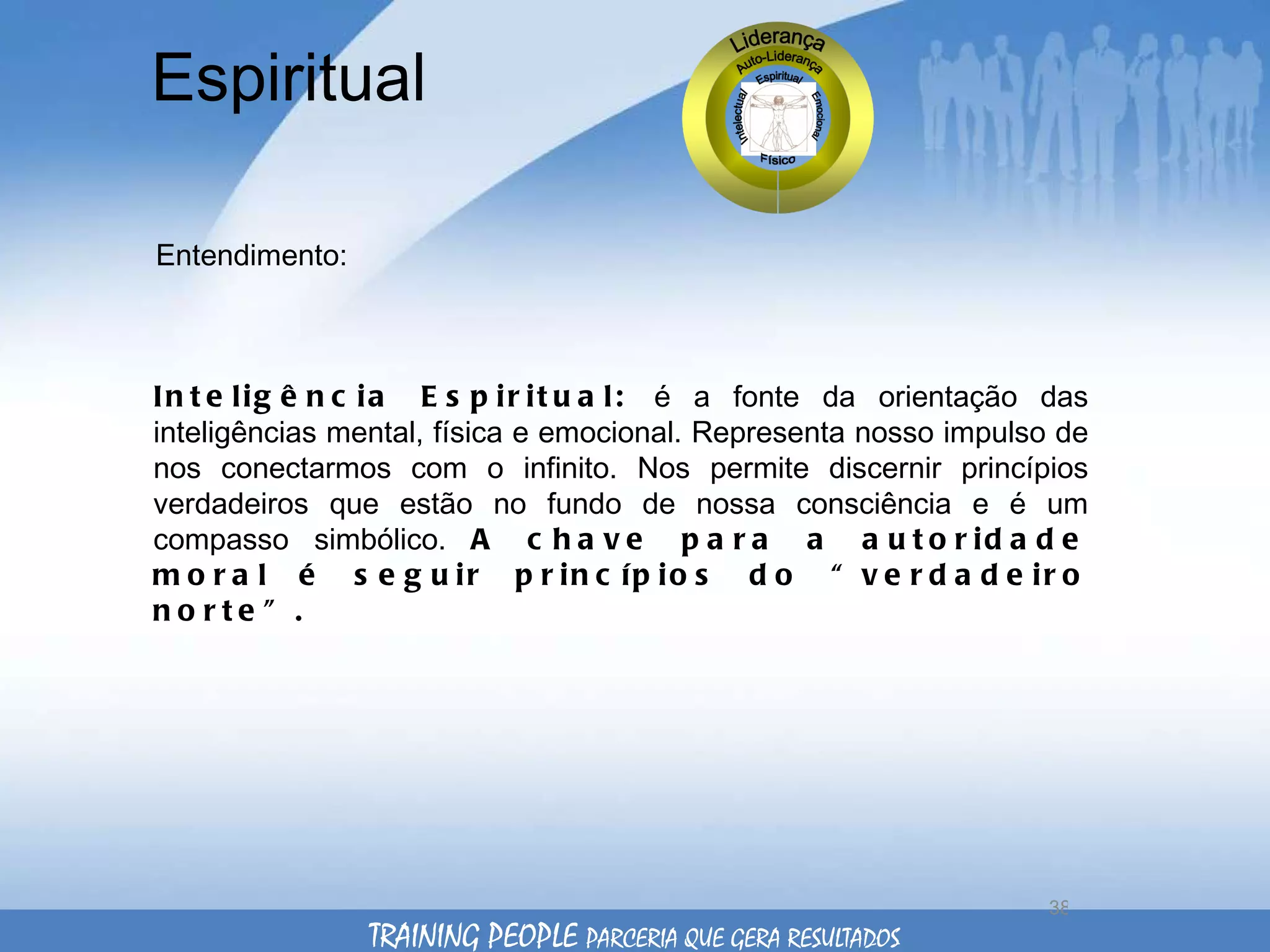Espiritual Entendimento: Inteligência Espiritual:  é a fonte da orientação das inteligências mental, física e emocional. Representa nosso impulso de nos conectarmos com o infinito. Nos permite discernir princípios verdadeiros que estão no fundo de nossa consciência e é um compasso simbólico.  A chave para a autoridade moral é seguir princípios do “verdadeiro norte”.  TRAINING PEOPLE  PARCERIA QUE GERA RESULTADOS 