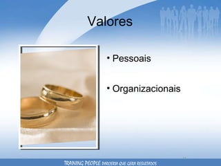 Valores Pessoais Organizacionais  TRAINING PEOPLE  PARCERIA QUE GERA RESULTADOS 