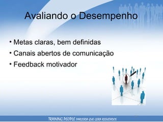 Avaliando o Desempenho Metas claras, bem definidas Canais abertos de comunicação Feedback motivador TRAINING PEOPLE  PARCERIA QUE GERA RESULTADOS 