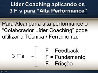 Líder Coaching aplicando os
3 F´s para “Alta Performance”
Para Alcançar a alta performance o
“Colaborador Líder Coaching” pode
ultilizar a Técnica / Ferramenta:
3 F´s
F = Feedback
F = Fundamento
F = Fricção
 