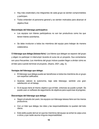 10
 Hay más creatividad y los integrantes de cada grupo se sienten comprometidos
y participan.
 Todos entienden el panorama general y se sienten motivados para alcanzar el
objetivo final.
Desventajas del liderazgo participativo:
 Los equipos con líderes participativos no son tan productivos como los que
tienen líderes autoritarios.
 Se debe involucrar a todos los miembros del equipo para trabajar de manera
colaborativa.
El liderazgo que delega (laissez-faire): Los líderes que delegan se separan del grupo
y eligen no participar ni interrumpir durante el curso de un proyecto. Sus comentarios
son poco frecuentes. Los miembros del grupo incluso pueden llegar a olvidar cómo es
el líder para cuando terminan el proyecto. (Asano, 2021, pág. 3).
Ventajas del liderazgo que delega:
 El liderazgo que delega puede ser beneficioso si todos los miembros de un grupo
son expertos calificados.
 Quienes valoran la autonomía, bajo este liderazgo, sentirán una gran
satisfacción en el trabajo.
 Si el equipo tiene el mismo objetivo que el líder, entonces se puede cumplir. Se
puede usar un software de seguimiento de objetivos para supervisar el progreso.
Desventajas del liderazgo que delega:
 Según el estudio de Lewin, los equipos con liderazgo laissez-faire son los menos
productivos.
 Con un líder que delega, los roles y las responsabilidades no quedan del todo
claros.
 Este estilo puede derivar en que los miembros del equipo se echen la culpa unos
a otros y que nadie asuma ninguna responsabilidad.
 