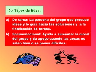 5.- Tipos de líder . De tarea: La persona del grupo que produce ideas y lo guía hacia las soluciones y  a la finalización de tareas. Socioemocional: Ayuda a aumentar la moral del grupo y da apoyo cuando las cosas no salen bien o se ponen difíciles. 