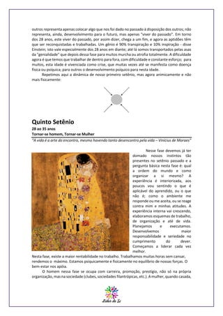 outros representa apenas colocar algo que nos foi dado no passado à disposição dos outros; não
representa, ainda, desenvolvimento para o futuro, mas apenas "viver do passado". Em torno
dos 28 anos, este viver do passado, por assim dizer, chega a um fim, e agora as aptidões têm
que ser reconquistadas e trabalhadas. Um gênio é 90% transpiração e 10% inspiração - disse
Einstein; isto vale especialmente dos 28 anos em diante; até lá somos transportados pelas asas
da "genialidade" que depois dessa fase para muitos murcha ou atrofia totalmente. A dificuldade
agora é que temos que trabalhar de dentro para fora, com dificuldade e constante esforço; para
muitos, esta idade é vivenciada como crise, que muitas vezes até se manifesta como doença
física ou psíquica; para outros o desenvolvimento psíquico para nesta idade.
Repetimos aqui a dinâmica de nosso primeiro setênio, mas agora animicamente e não
mais fisicamente:

Quinto Setênio
28 ao 35 anos
Tornar-se homem, Tornar-se Mulher
“A vida é a arte do encontro, mesmo havendo tanto desencontro pela vida – Vinícius de Moraes”
Nesse fase devemos já ter
domado nossos instintos tão
presentes no setênio passado e a
pergunta básica nesta fase é: qual
a ordem do mundo e como
organizar a si mesmo? A
experiência é interiorizada, aos
poucos vou sentindo o que é
aplicável do aprendido, ou o que
não é; como o ambiente me
responde ou me aceita, ou se reage
contra mim e minhas atitudes. A
experiência interna vai crescendo,
elaboramos esquemas de trabalho,
de organização e até de vida.
Planejamos
e
executamos.
Desenvolvemos
maior
responsabilidade e seriedade no
cumprimento
do
dever.
Começamos a liderar cada vez
melhor.
Nesta fase, existe a maior rentabilidade no trabalho. Trabalhamos muitas horas sem cansar,
rendemos o máximo. Estamos psiquicamente e fisicamente no equilíbrio de nossas forças. O
bem-estar nos apóia.
O homem nessa fase se ocupa com carreira, promoção, prestígio, não só na própria
organização, mas na sociedade (clubes, sociedades filantrópicas, etc.). A mulher, quando casada,

 