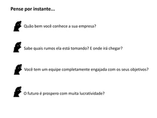 Pense por instante...


      Quão bem você conhece a sua empresa?




      Sabe quais rumos ela está tomando? E onde irá chegar?



      Você tem um equipe completamente engajada com os seus objetivos?




      O futuro é prospero com muita lucratividade?
 