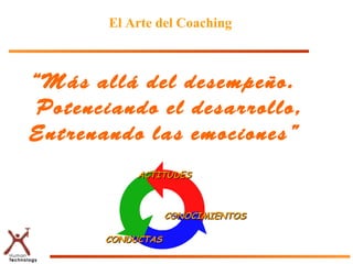 El Arte del Coaching



“Más allá del desempeño.
 Potenciando el desarrollo,
Entrenando las emociones”
            ACTITUDES



                   CONOCIMIENTOS

       CONDUCTAS
 