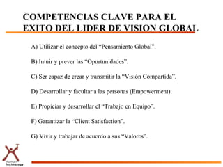 COMPETENCIAS CLAVE PARA EL
EXITO DEL LIDER DE VISION GLOBAL
 A) Utilizar el concepto del “Pensamiento Global”.

 B) Intuir y prever las “Oportunidades”.

 C) Ser capaz de crear y transmitir la “Visión Compartida”.

 D) Desarrollar y facultar a las personas (Empowerment).

 E) Propiciar y desarrollar el “Trabajo en Equipo”.

 F) Garantizar la “Client Satisfaction”.

 G) Vivir y trabajar de acuerdo a sus “Valores”.
 