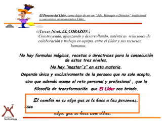 El Proceso del Líder, como dejar de ser un “Jefe, Manager o Director” tradicional
           y convertirse en un autentico Líder..


          c)Tercer Nivel, EL CORAZON :
           Construyendo, afianzando y desarrollando, auténticas relaciones de
           colaboración y trabajo en equipo, entre el Líder y sus recursos
                              humanos.

No hay formulas mágicas, recetas o directrices para la consecución
                     de estos tres niveles.
                   No hay “master´s” en esta materia.
Depende única y exclusivamente de la persona que no solo acepta,
  sino que además asume el reto personal y profesional , que la
         filosofía de transformación que El Líder nos brinda.

         El cambio no es algo que se le hace a las personas,
  sino
                      algo, que se hace con ellas.
 