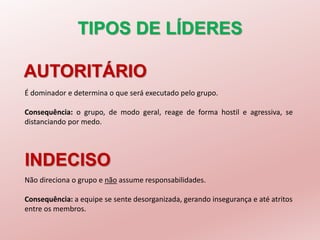 TIPOS DE LÍDERES
É dominador e determina o que será executado pelo grupo.
Consequência: o grupo, de modo geral, reage de forma hostil e agressiva, se
distanciando por medo.
AUTORITÁRIO
INDECISO
Não direciona o grupo e não assume responsabilidades.
Consequência: a equipe se sente desorganizada, gerando insegurança e até atritos
entre os membros.
 