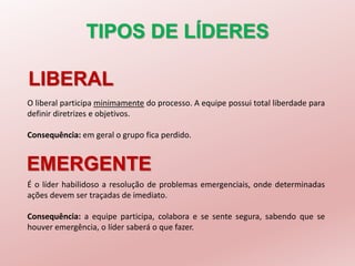 TIPOS DE LÍDERES
O liberal participa minimamente do processo. A equipe possui total liberdade para
definir diretrizes e objetivos.
Consequência: em geral o grupo fica perdido.
LIBERAL
EMERGENTE
É o líder habilidoso a resolução de problemas emergenciais, onde determinadas
ações devem ser traçadas de imediato.
Consequência: a equipe participa, colabora e se sente segura, sabendo que se
houver emergência, o líder saberá o que fazer.
 