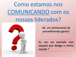 27
Como estamos nos
COMUNICANDO com os
nossos liderados?
Eu sou um exemplo vivo
daquilo que delego a minha
equipe ?
Há um alinhamento de
procedimentos gerais?
 