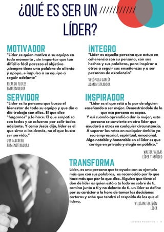"Lider es quien motiva a su equipo en
todo momento , sin importar que tan
difícil o fácil parezca el objetivo
,siempre tiene una palabra de aliento
y apoyo, e impulsa a su equipo a
seguir adelante"
MOTIVADOR ÍNTEGRO
SERVIDOR INSPIRADOR
¿Quéesserun
líder?
ricardo flores
emprendedor
"Líder es aquella persona que actua en
coherencia con su persona, con sus
hechos y sus palabras, para inspirar a
otros a seguir sus enseñanzas y a ser
personas de excelencia"
verónica garcía
administradora
"Lider es la persona que busca el
bienestar de todo su equipo y que día a
día trabaja con ellos. El que dice
"hagamos" y lo hace. El que empatiza
con todos y se esfuerza por salir todos
adelante. Y como Jesús dijo, líder es el
que sirve a los demás, no el que busca
ser servido."
ury navarro
administradora
walter vargas
líder y músico
"Lider es el que está a la par de alguien
enseñando a ser mejor. Demostrándole de lo
que esa persona es capaz.
Y así cuando aprendió a dar lo mejor, esta
persona se convierte en otro lider que
ayudará a otros en cualquier circunstancia.
A superar los retos en cualquier ámbito ya
sea empresarial, espiritual, emocional.
Algo notable y honorable en el lider es que
corrige en privado y elogia en público."
Líder, es una persona que te ayuda con su ejemplo
más que con sus palabras, es reconocido por lo que
hace más que por lo que dice. Alguien que tiene el
don de líder es quien está a tu lado no sobre de ti,
camina junto a ti y no delante de ti, un líder se define
por su carácter a la hora de tomar las decisiones
certeras y sabe que tendrá el respaldo de los que el
lidera.
TRANSFORMA
william terezón
líder
L Í D E R E S P O S I T I V O S   |   9
 