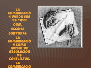 La comunicación puede ser de tipo:OralEscritaCorporalLa comunicación como medio de resolución de conflictos.La comunicación en la web. 