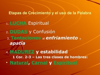 Etapas de Crecimiento y el uso de la Palabra
1. LUCHA Espiritual
2. DUDAS y Confusión
3. Tentaciones al enfriamiento y
apatía
4. MADUREZ y estabilidad
1 Cor. 2-3 – Las tres clases de hombres:
• Natural, Carnal y Espiritual
 