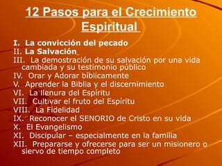 12 Pasos para el Crecimiento
Espiritual
I. La convicción del pecado
II. La Salvación
III. La demostración de su salvación por una vida
cambiada y su testimonio público
IV. Orar y Adorar bíblicamente
V. Aprender la Biblia y el discernimiento
VI. La llenura del Espíritu
VII. Cultivar el fruto del Espíritu
VIII. La Fidelidad
IX. Reconocer el SENORIO de Cristo en su vida
X. El Evangelismo
XI. Discipular – especialmente en la familia
XII. Prepararse y ofrecerse para ser un misionero o
siervo de tiempo completo
 