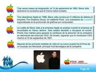 Tras varios meses de resignación, el 13 de septiembre de 1985, Steve Jobs abandonó la compañía que él mismo había fundado. Tras abandonar Apple en 1986, Steve Jobs compra por 5 millones de dólares la empresa The Graphics Group, en adelante Pixar, una subsidiaria de  Lucasfilm  especializada en la producción de gráficos por computador.  Algunas de las primeras medidas de Jobs en su nuevo puesto fue la firma de un acuerdo con Microsoft, principal rival tecnológico de la compañía La vuelta de Steve Jobs a la empresa Apple se produjo cuando la empresa se encontraba en franco declive. Jobs estaba decidido a recuperar el control. Pronto hizo méritos para ganarse la confianza de la dirección de la compañía en detrimento del entonces CEO, Gil Amelio, logrando que lo nombraran CEO interino el 16 de septiembre de 1997.  