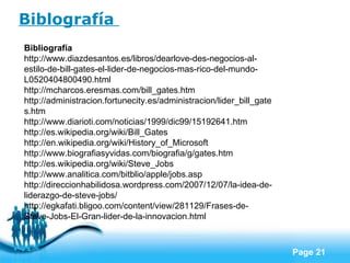 Biblografía  Bibliografía http://www.diazdesantos.es/libros/dearlove-des-negocios-al-estilo-de-bill-gates-el-lider-de-negocios-mas-rico-del-mundo-L0520404800490.html http://mcharcos.eresmas.com/bill_gates.htm  http://administracion.fortunecity.es/administracion/lider_bill_gates.htm http://www.diarioti.com/noticias/1999/dic99/15192641.htm http://es.wikipedia.org/wiki/Bill_Gates http://en.wikipedia.org/wiki/History_of_Microsoft http://www.biografiasyvidas.com/biografia/g/gates.htm http://es.wikipedia.org/wiki/Steve_Jobs http://www.analitica.com/bitblio/apple/jobs.asp http://direccionhabilidosa.wordpress.com/2007/12/07/la-idea-de-liderazgo-de-steve-jobs/ http://egkafati.bligoo.com/content/view/281129/Frases-de-Steve-Jobs-El-Gran-lider-de-la-innovacion.html 