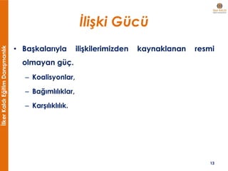 İlkerKaldıEğitimDanışmanlık
İlişki Gücü
• Başkalarıyla ilişkilerimizden kaynaklanan resmi
olmayan güç.
– Koalisyonlar,
– Bağımlılıklar,
– Karşılıklılık.
13
 