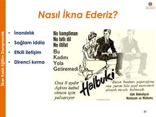 İlkerKaldıEğitimDanışmanlık
Nasıl İkna Ederiz?
• İnanılırlık
• Sağlam iddia
• Etkili iletişim
• Direnci kırma
21
 