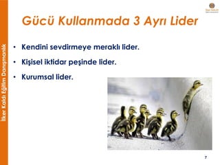 İlkerKaldıEğitimDanışmanlık
Gücü Kullanmada 3 Ayrı Lider
• Kendini sevdirmeye meraklı lider.
• Kişisel iktidar peşinde lider.
• Kurumsal lider.
7
 