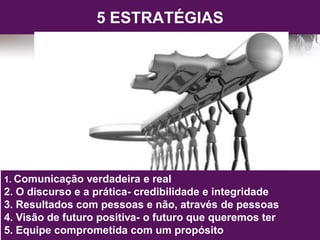 5 ESTRATÉGIAS
1. Comunicação verdadeira e real
2. O discurso e a prática- credibilidade e integridade
3. Resultados com pessoas e não, através de pessoas
4. Visão de futuro positiva- o futuro que queremos ter
5. Equipe comprometida com um propósito
 