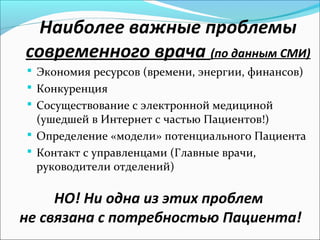 Наиболее важные проблемы
современного врача (по данным СМИ)
 Экономия ресурсов (времени, энергии, финансов)
 Конкуренция
 Сосуществование с электронной медициной
  (ушедшей в Интернет с частью Пациентов!)
 Определение «модели» потенциального Пациента
 Контакт с управленцами (Главные врачи,
  руководители отделений)

     НО! Ни одна из этих проблем
не связана с потребностью Пациента!
 