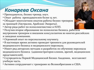 Конарева Оксана
• Преподаватель, бизнес-тренер, коуч.
• Опыт работы преподавателем более 15 лет.
• Обладает многолетним опытом работы бизнес-тренером
за границей (Австралия, Арабские Эмираты).
• Автор ряда работ по психолингвистике и НЛП.
• Получив второе образование по психологии бизнеса, работала
внутренним тренером и внешним консультантом во многих российских
и западных компаниях.
• Огромный опыт по персональному коучингу.
• В настоящее время активно проводит тренинги для руководителей
медицинского бизнеса и медицинского персонала.
• Имеет ряд авторских методик и разработок по обучению персонала
медицинского бизнеса (администраторов клиник, врачей, медицинских
представителей).
• Соучредитель Первой Медицинской Бизнес Академии, возглавляет
учебную часть.
• Активно сотрудничает с тренерами из Великобритании и США.
 