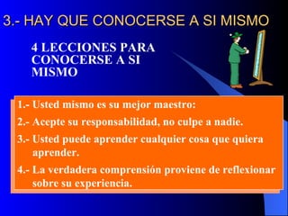 3.- HAY QUE CONOCERSE A SI MISMO
    4 LECCIONES PARA
    CONOCERSE A SI
    MISMO

 1.- Usted mismo es su mejor maestro:
 2.- Acepte su responsabilidad, no culpe a nadie.
 3.- Usted puede aprender cualquier cosa que quiera
     aprender.
 4.- La verdadera comprensión proviene de reflexionar
     sobre su experiencia.
 
