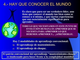 4.- HAY QUE CONOCER EL MUNDO
                Es claro que para ser un verdadero líder, uno
                tiene que conocer el mundo tan bien como se
                conoce a si mismo, y que ciertas experiencias
                que son esencialmente significativas para
                aprender.
                TODO LO QUE NECESITAMOS EN ESTE PUNTO DE
                   EVOLUCIÓN HUMANA ES APRENDER QUE SE
                   NECESITA PARA APRENDER LO QUE
                   DEBEMOS APRENDER Y... ¡APRENDERLO!.


        Hay 2 modalidades de aprendizaje convencional:
        b) El aprendizaje de mantenimiento.
        c) El aprendizaje de choque.

El patrón convencional del aprendizaje “mantenimiento-choque”
    es inadecuado para hacer frente a la complejidad munidial.
 