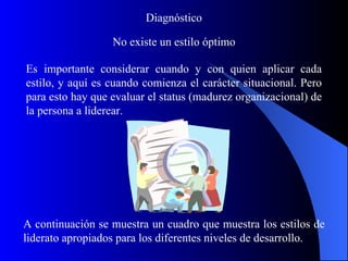Diagnóstico

                  No existe un estilo óptimo

Es importante considerar cuando y con quien aplicar cada
estilo, y aquí es cuando comienza el carácter situacional. Pero
para esto hay que evaluar el status (madurez organizacional) de
la persona a liderear.




A continuación se muestra un cuadro que muestra los estilos de
liderato apropiados para los diferentes niveles de desarrollo.
 