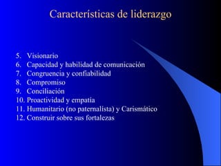 Características de liderazgo


5. Visionario
6. Capacidad y habilidad de comunicación
7. Congruencia y confiabilidad
8. Compromiso
9. Conciliación
10. Proactividad y empatía
11. Humanitario (no paternalísta) y Carismático
12. Construir sobre sus fortalezas
 