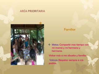 Familiar
 Metas: Compartir mas tiempo con
mi mamá y mi hermano y
hermana.
Visitar más a mis abuelos y familia.
Valores: Respetar siempre a mis
padres.
 