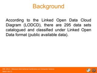 Background
According to the Linked Open Data Cloud
Diagram (LODCD), there are 295 data sets
catalogued and classified under Linked Open
Data format (public available data).

ENC 2013 – Mexican International Conference on Computer Science
Slide 4 de 21

 
