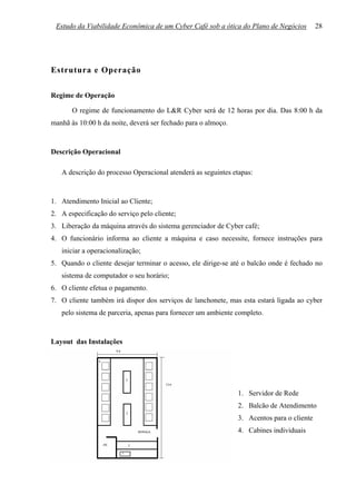 Estudo da Viabilidade Econômica de um Cyber Café sob a ótica do Plano de Negócios         28




Estrutura e Operação

Regime de Operação

       O regime de funcionamento do L&R Cyber será de 12 horas por dia. Das 8:00 h da
manhã às 10:00 h da noite, deverá ser fechado para o almoço.



Descrição Operacional

   A descrição do processo Operacional atenderá as seguintes etapas:



1. Atendimento Inicial ao Cliente;
2. A especificação do serviço pelo cliente;
3. Liberação da máquina através do sistema gerenciador de Cyber café;
4. O funcionário informa ao cliente a máquina e caso necessite, fornece instruções para
   iniciar a operacionalização;
5. Quando o cliente desejar terminar o acesso, ele dirige-se até o balcão onde é fechado no
   sistema de computador o seu horário;
6. O cliente efetua o pagamento.
7. O cliente também irá dispor dos serviços de lanchonete, mas esta estará ligada ao cyber
   pelo sistema de parceria, apenas para fornecer um ambiente completo.



Layout das Instalações




                                                               1. Servidor de Rede
                                                               2. Balcão de Atendimento
                                                               3. Acentos para o cliente
                                                               4. Cabines individuais
 