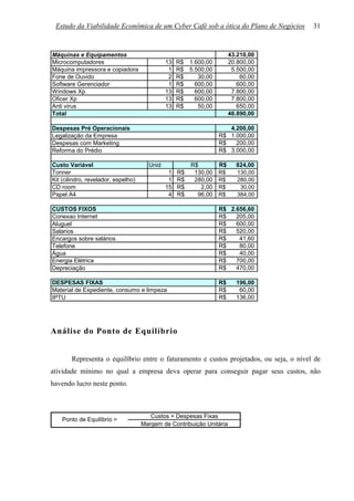 Estudo da Viabilidade Econômica de um Cyber Café sob a ótica do Plano de Negócios       31



Máquinas e Equipamentos                                                43.210,00
Microcomputadores                             13   R$ 1.600,00         20.800,00
Máquina impressora e copiadora                 1   R$ 5.500,00          5.500,00
Fone de Ouvido                                 2   R$    30,00             60,00
Software Gerenciador                           1   R$   600,00            600,00
Windows Xp                                    13   R$   600,00          7.800,00
Oficer Xp                                     13   R$   600,00          7.800,00
Anti virus                                    13   R$    50,00            650,00
Total                                                                  46.890,00

Despesas Pré Operacionais                                            4.200,00
Legalização da Empresa                                            R$ 1.000,00
Despesas com Marketing                                            R$   200,00
Reforma do Prédio                                                 R$ 3.000,00

Custo Variável                         Unid             R$        R$     824,00
Tonner                                         1   R$    130,00   R$     130,00
Kit (cilindro, revelador, espelho)             1   R$    280,00   R$     280,00
CD room                                       15   R$      2,00   R$      30,00
Papel A4                                       4   R$     96,00   R$     384,00

CUSTOS FIXOS                                                      R$ 2.656,60
Conexao Internet                                                  R$   205,00
Aluguel                                                           R$   600,00
Salarios                                                          R$   520,00
Encargos sobre salários                                           R$    41,60
Telefone                                                          R$    80,00
Água                                                              R$    40,00
Energia Elétrica                                                  R$   700,00
Depreciação                                                       R$   470,00

DESPESAS FIXAS                                                    R$     196,00
Material de Expediente, consumo e limpeza                         R$      60,00
IPTU                                                              R$     136,00




Análise do Ponto de Equilíbrio


        Representa o equilíbrio entre o faturamento e custos projetados, ou seja, o nível de
atividade mínimo no qual a empresa deva operar para conseguir pagar seus custos, não
havendo lucro neste ponto.



                                        Custos + Despesas Fixas
    Ponto de Equilíbrio =
                                     Margem de Contribuição Unitária
 