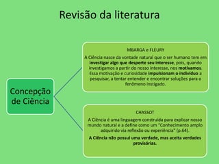 Revisão da literatura 
Concepção 
de Ciência 
MBARGA e FLEURY 
A Ciência nasce da vontade natural que o ser humano tem em 
investigar algo que desperte seu interesse, pois, quando 
investigamos a partir do nosso interesse, nos motivamos. 
Essa motivação e curiosidade impulsionam o indivíduo a 
pesquisar, a tentar entender e encontrar soluções para o 
fenômeno instigado. 
CHASSOT 
A Ciência é uma linguagem construída para explicar nosso 
mundo natural e a define como um “Conhecimento amplo 
adquirido via reflexão ou experiência” (p.64). 
A Ciência não possui uma verdade, mas aceita verdades 
provisórias. 
 