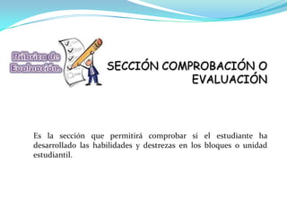 SECCIÓN COMPROBACIÓN O
                               EVALUACIÓN



Es la sección que permitirá comprobar si el estudiante ha
desarrollado las habilidades y destrezas en los bloques o unidad
estudiantil.
 