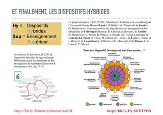 ET FINALEMENT, LES DISPOSITIFS HYBRIDES
Hy = Dispositifs
Hybrides
Sup = Enseignement
Supérieur
Le projet européen HY-SUP (...