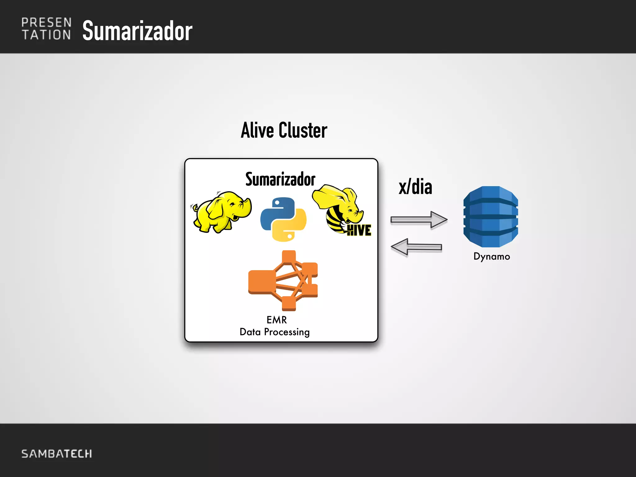 Sumarizador
Dynamo
EMR
Data Processing
Sumarizador
Alive Cluster
x/dia
 