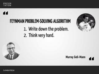 FEYNMANPROBLEM-SOLVINGALGORITHM
1. Write down the problem.
2. Think very hard.
Murray Gell-Mann
“
“
 