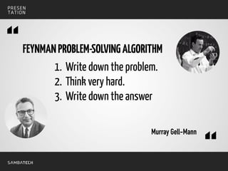 FEYNMANPROBLEM-SOLVINGALGORITHM
1. Write down the problem.
2. Think very hard.
3. Write down the answer
Murray Gell-Mann
“
“
 