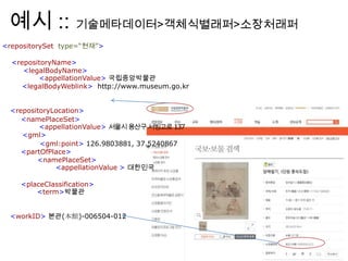 예시 :: 기술메타데이터>객체식별래퍼>소장처래퍼
<repositorySet type=“현재”>
<repositoryName>
<legalBodyName>
<appellationValue> 국립중앙박물관
<legalBodyWeblink> http://www.museum.go.kr
<repositoryLocation>
<namePlaceSet>
<appellationValue> 서울시용산구서빙고로137
<gml>
<gml:point> 126.9803881, 37.5240867
<partOfPlace>
<namePlaceSet>
<appellationValue > 대한민국
<placeClassification>
<term>박물관
<workID> 본관(本館)-006504-012
 
