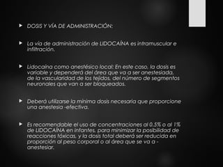  DOSIS Y VÍA DE ADMINISTRACIÓN:
 La vía de administración de LIDOCAÍNA es intramuscular e
infiltración.
 Lidocaína como anestésico local: En este caso, la dosis es
variable y dependerá del área que va a ser anestesiada,
de la vascularidad de los tejidos, del número de segmentos
neuronales que van a ser bloqueados.
 Deberá utilizarse la mínima dosis necesaria que proporcione
una anestesia ­efectiva.
 Es recomendable el uso de concentraciones al 0.5% o al 1%
de LIDOCAÍNA en infantes, para minimizar la posibilidad de
reacciones tóxicas, y la dosis total deberá ser reducida en
proporción al peso corporal o al área que se va a ­
anestesiar.
 